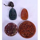 A CHINESE CARVED BLOOD JADE ROUNDEL 20th Century, together with another roundel & two Buddhistic aga