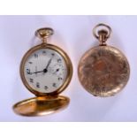 TWO VINTAGE AMERICAN YELLOW METAL POCKET WATCHES. Largest 4.25 cm diameter. (2)
