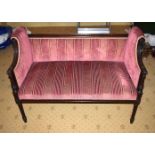 A LOVELY WILLIAM IV UPHOLSTERED SCROLLING MAHOGANY TWO SEATER SOFA. 105 cm x 80 cm.