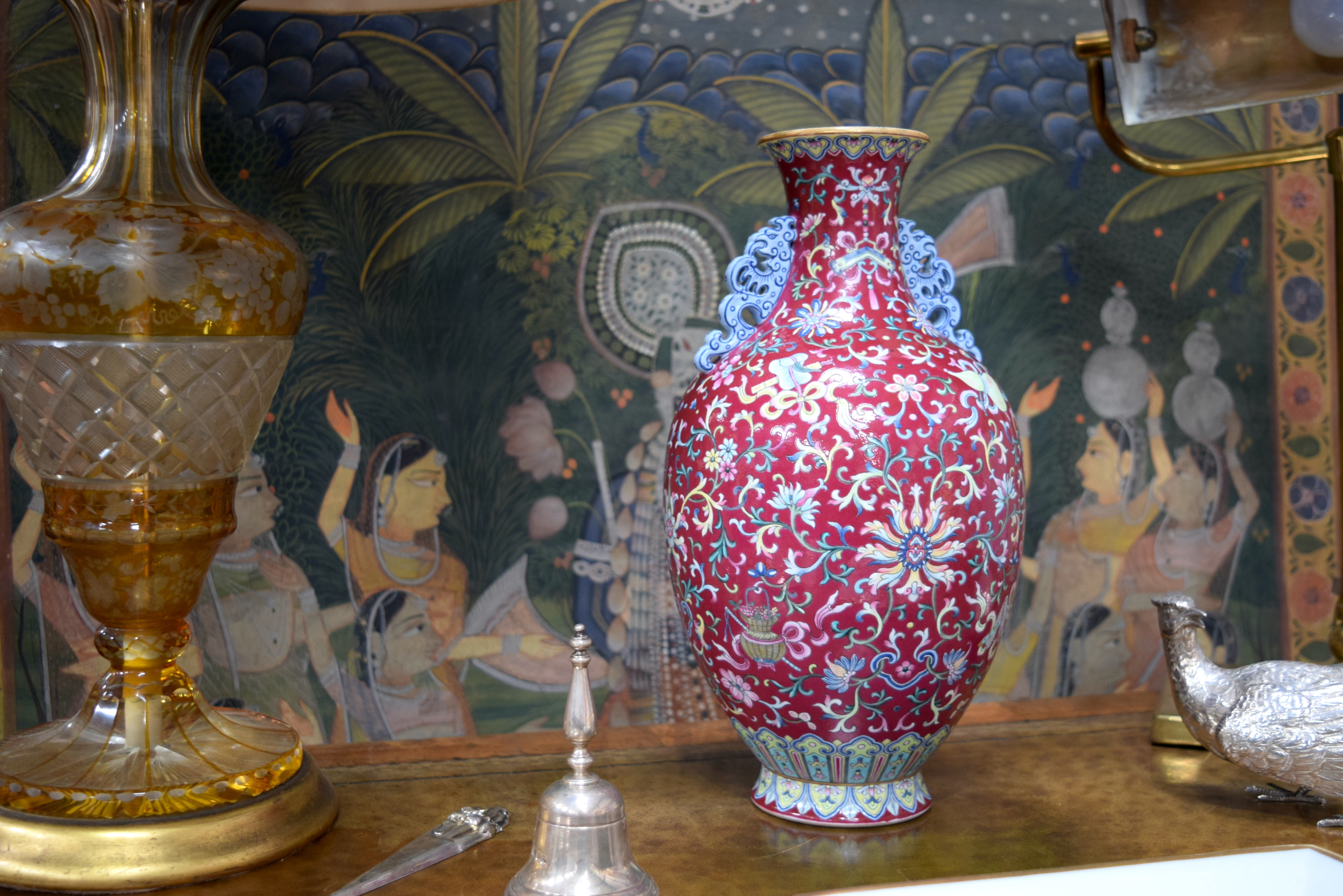 A FINE CHINESE TWIN HANDLED FAMILLE ROSE PORCELAIN FALANCAI RUBY GLAZED VASE Qianlong mark and proba - Image 2 of 44