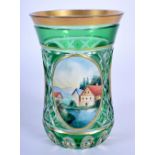 A LATE 19TH CENTURY BOHEMIAN ENAMELLED GREEN FLASK GLASS BEAKER painted with landscapes. 12 cm high.