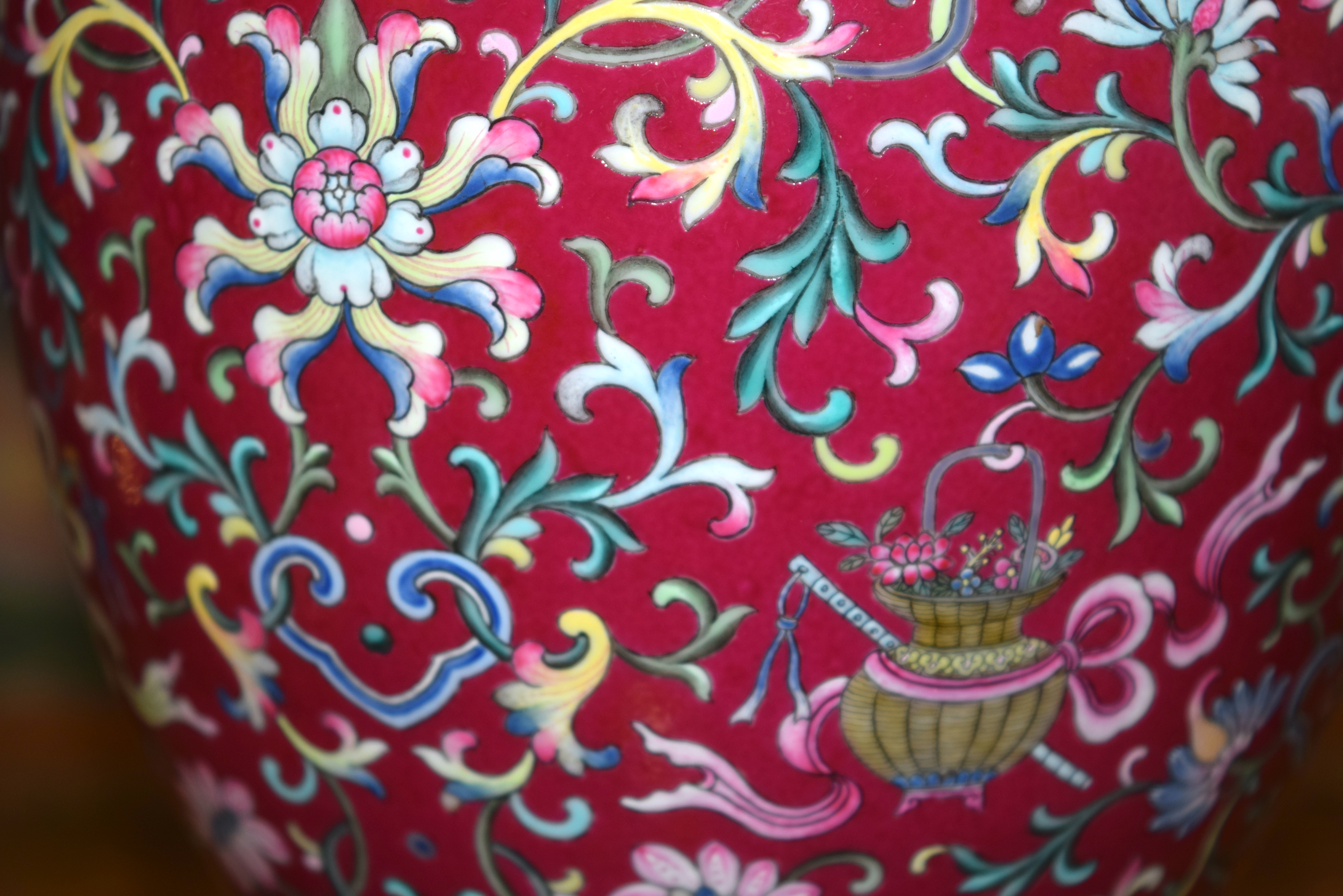 A FINE CHINESE TWIN HANDLED FAMILLE ROSE PORCELAIN FALANCAI RUBY GLAZED VASE Qianlong mark and proba - Image 20 of 44