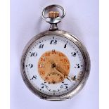 A SILVER OMEGA POCKET WATCH. 5 cm diameter.