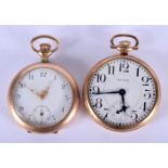 TWO VINTAGE AMERICAN YELLOW METAL POCKET WATCHES. Largest 5.25 cm diameter. (2)