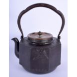 AN 18TH/19TH CENTURY JAPANESE EDO CAST IRON AND BRONZE TETSUBIN TEAPOT AND COVER decorated with land