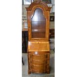 A Queen Anne style Burr veneer bureau with glass fronted shelf and false drawer cupboard 192 x 58 x
