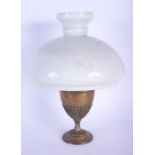 AN ANTIQUE SILVER PLATED OIL LAMP with shade. Plate 29 cm high.