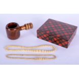 AN ANTIQUE SCOTTISH TARTAN WARE BOX together with a screw action nut cracker & two necklaces. Larges