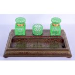 A LARGE 19TH CENTURY FRENCH BOULLE WORK INKWELL with unusual green crystal glass inkwell, the body d