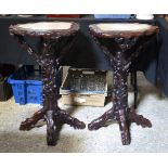 A RARE PAIR OF 19TH CENTURY CHINESE HONGMU AND MARBLE STANDING TABLES of leaf shaped form, overlaid