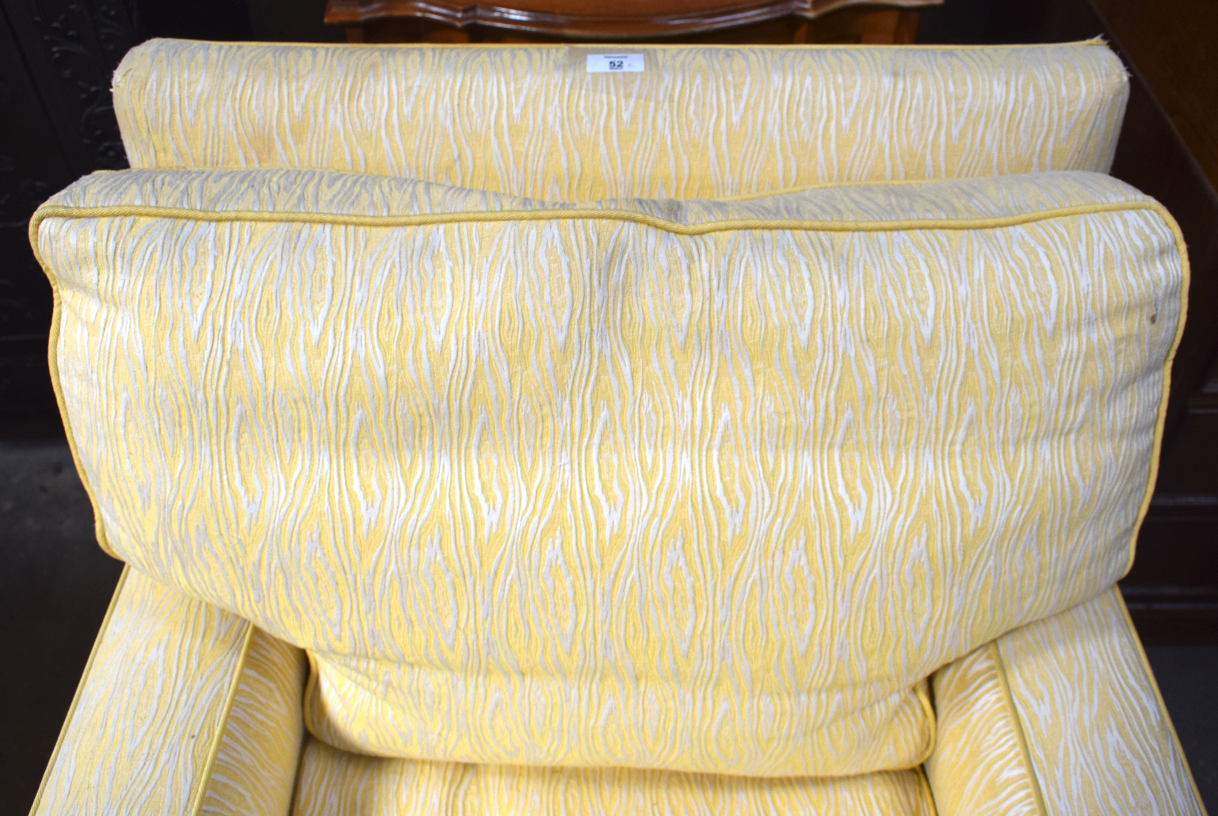 A PAIR OF DEEP COUNTRY HOUSE STYLE YELLOW ARM CHAIRS with associated gypsy table. (3) - Image 5 of 22