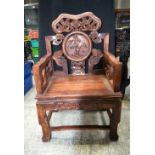 AN EARLY 20TH CENTURY CHINESE HEAVY HARDWOOD CHAIR Late Qing/Republic. 104 cm x 62 cm.