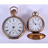 TWO VINTAGE AMERICAN YELLOW METAL POCKET WATCHES. Largest 5.25 cm diameter. (2)