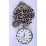 AN ANTIQUE SILVER FUSEE WATCH with chain. 4.25 cm diameter.