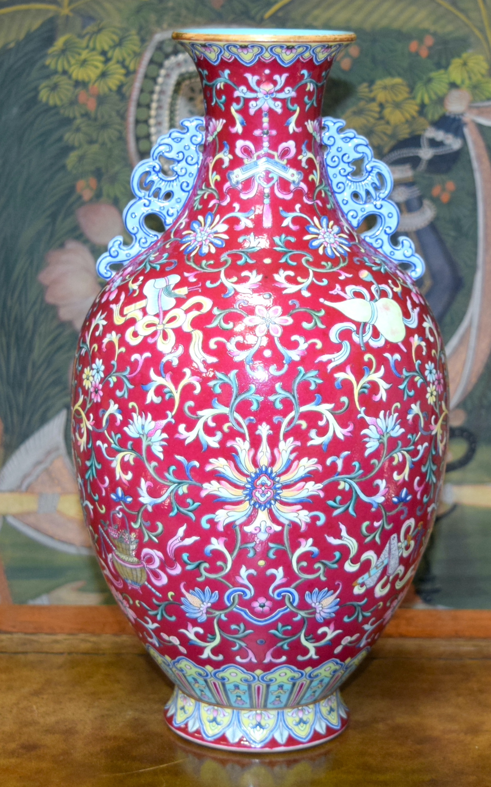 A FINE CHINESE TWIN HANDLED FAMILLE ROSE PORCELAIN FALANCAI RUBY GLAZED VASE Qianlong mark and proba - Image 3 of 44