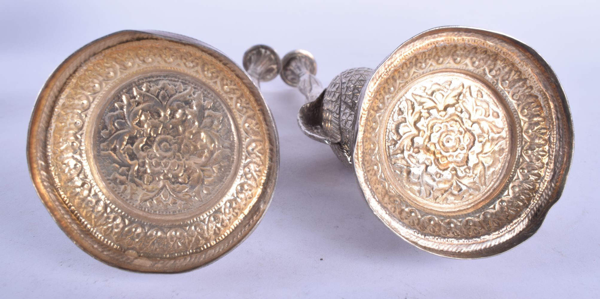 A RARE PAIR OF 19TH CENTURY INDIAN SILVER ROSEWATER SPRINKLERS modelled as birds holding aloft flora - Image 7 of 29
