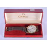 A BOXED GOLD PLATED OMEGA WRISTWATCH. 3.25 cm diameter.