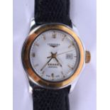 A LONGINES STEEL AND GOLD WRISTWATCH. 2.75 cm diameter.