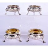 FOUR 18TH CENTURY SILVER SALTS. London 1744 or 1784. 378 grams. 8 cm x 4 cm. (4)