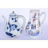 A 17TH/18TH CENTURY CHINESE IMARI PORCELAIN EWER together with a blue and white ewer. Largest 14.5 c