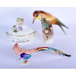 TWO HUNGARIAN PORCELAIN BIRDS and a herend box. Largest 18 cm x 14 cm. (3)