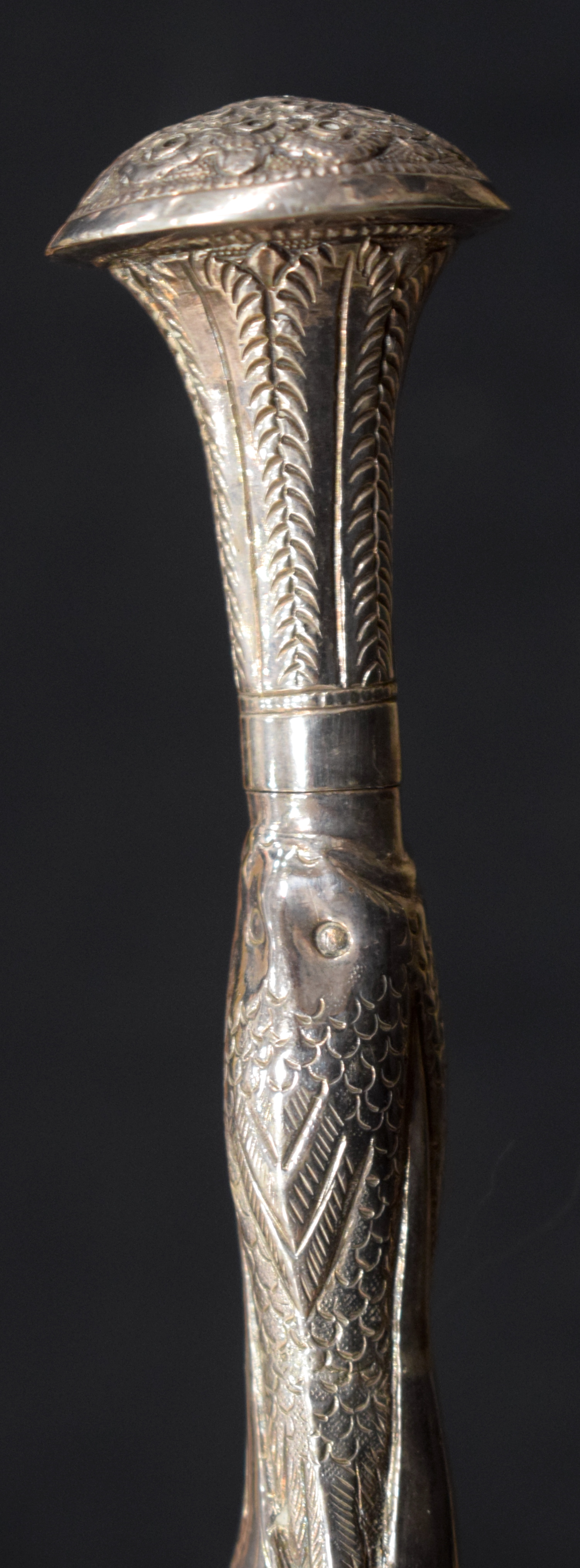 A RARE PAIR OF 19TH CENTURY INDIAN SILVER ROSEWATER SPRINKLERS modelled as birds holding aloft flora - Image 9 of 29