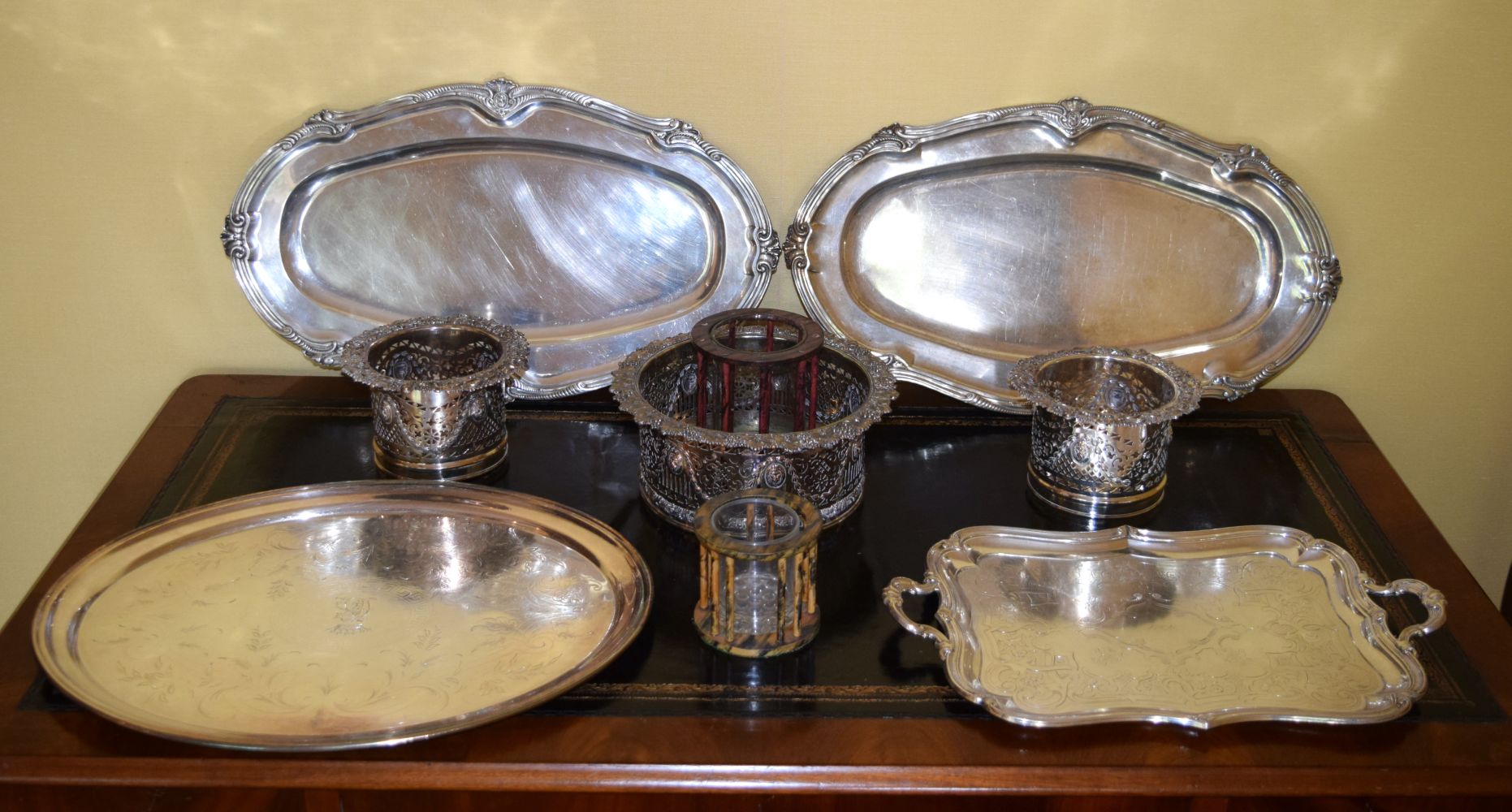 THREE LARGE 19TH CENTURY OLD SHEFFIELD PLATED TABLE COASTERS together with serving trays etc. Larges