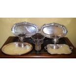 THREE LARGE 19TH CENTURY OLD SHEFFIELD PLATED TABLE COASTERS together with serving trays etc. Larges