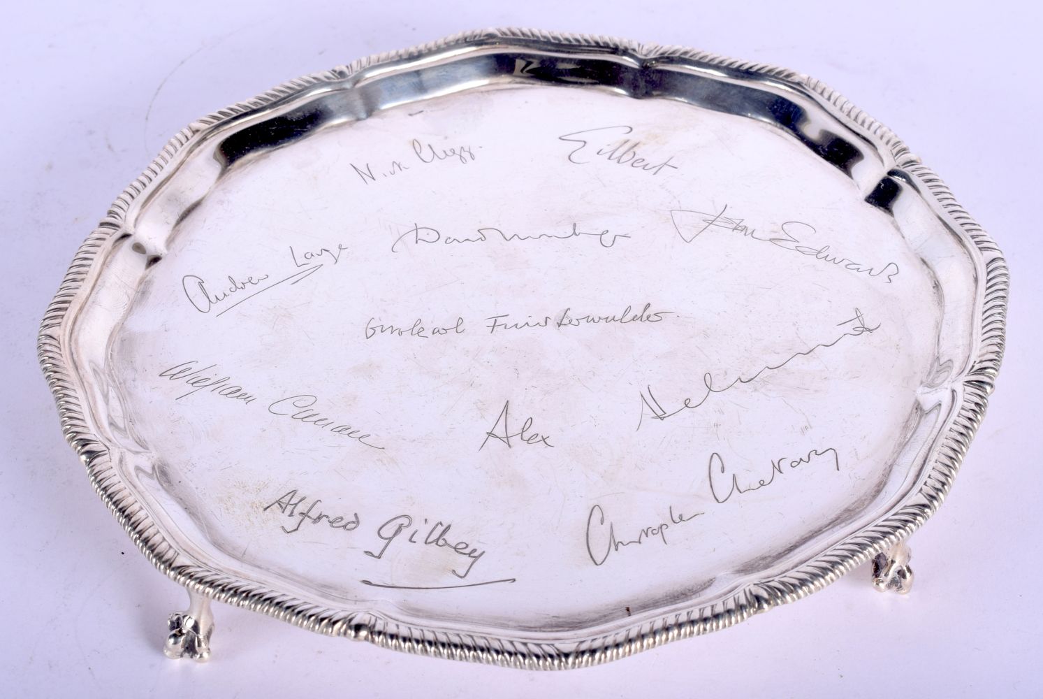 A SILVER AUTOGRAPHED SALVER. 380 grams. London 1917. 20 cm wide.