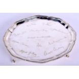 A SILVER AUTOGRAPHED SALVER. 380 grams. London 1917. 20 cm wide.