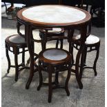 A RARE 19TH CENTURY CHINESE CARVED HARDWOOD MARBLE INSET CIRCULAR TABLE with four matching chairs. 8