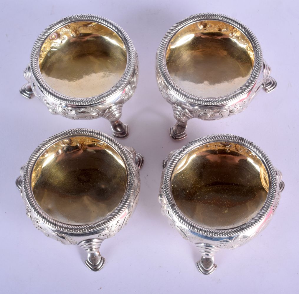 FOUR 18TH CENTURY SILVER SALTS. London 1744 or 1784. 378 grams. 8 cm x 4 cm. (4) - Image 3 of 5