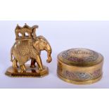 AN ANTIQUE INDIAN YELLOW METAL FIGURE OF AN ELEPHANT together with a similar elephant box. (2)