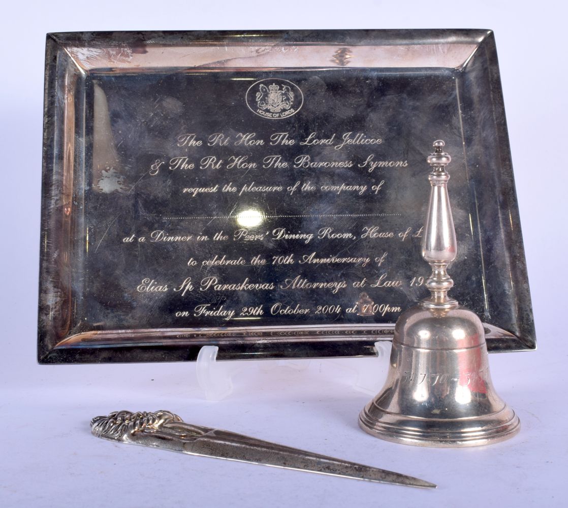 A 1970S SILVER BELL together with a silver letter opener & a rare House of Lords silver plated dinne