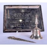 A 1970S SILVER BELL together with a silver letter opener & a rare House of Lords silver plated dinne