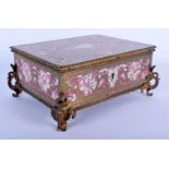 A 19TH CENTURY FRENCH ENAMELLED GILT METAL CASKET decorated with foliage and a mother of pearl carto