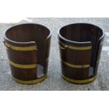 A PAIR OF GEORGE III BRASS OVERLAID PLATE RACK BUCKETS. 40 cm x 30 cm.