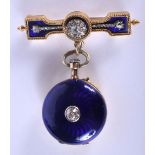 AN ANTIQUE 18CT GOLD DIAMOND ENAMEL PENDANT AND WATCH BROOCH. 25 grams. 5.5 cm x 4 cm.