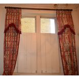 A LARGE PAIR OF FULL LENGTH COUNTRY HOUSE CURTAINS decorated with foliage and vines. 380 cm x 320 cm