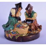 AN UNUSUAL ANTIQUE EASTERN EUROPEAN POTTERY GROUP OF TWO FIGURES modelled seated beside baskets of f