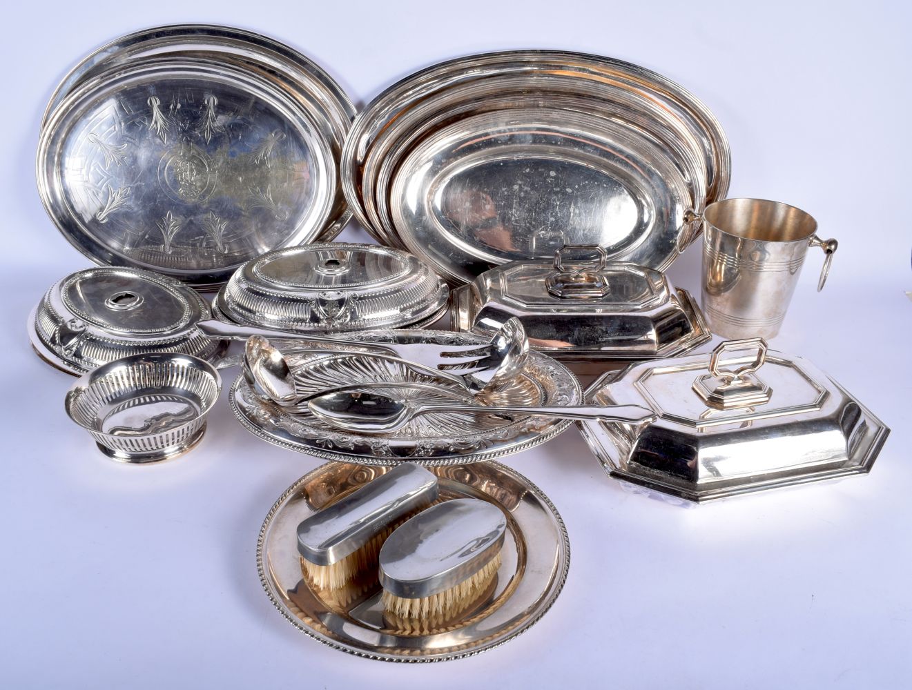 A LARGE BOX OF SILVER PLATED ITEMS including serving tureens etc. (qty)