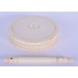 AN ANTIQUE IVORY BOX AND COVER together with a stanhope pencil. Largest 11 cm wide. (2)