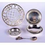 A TURKISH SILVER DISH together with three other silver items & a silver overlaid stand. 601 grams ov