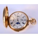 A FINE 18CT GOLD MOONPHASE APERTURE FULL HUNTER REPEATING POCKET WATCH. 152 grams. 5.25 cm diameter.