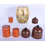 A LARGE KASHMIR LACQUER JAR AND COVER together with six others. Largest 17 cm x 12 cm. (7)