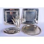 A PAIR OF EARLY 20TH CENTURY CONTINENTAL WHITE METAL SQUARE TRAYS together with two other dishes and