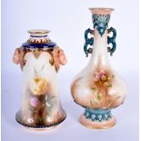 TWO ROYAL WORCESTER HADLEYS PORCELAIN VASES painted with flowers. Largest 17.5 cm high. (2)