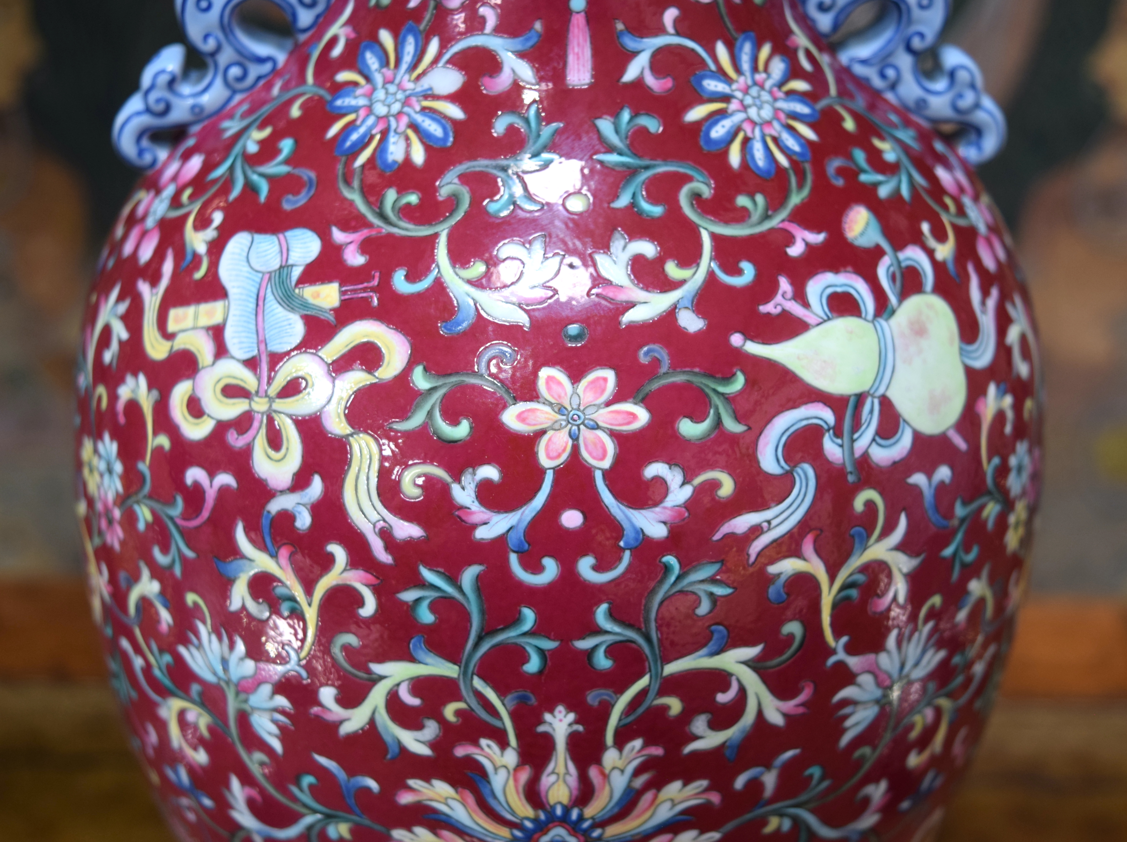 A FINE CHINESE TWIN HANDLED FAMILLE ROSE PORCELAIN FALANCAI RUBY GLAZED VASE Qianlong mark and proba - Image 7 of 44