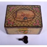 A RARE EARLY 20TH CENTURY PAINTED IVORY AND TORTOISESHELL MUSIC BOX unusually decorated with a femal