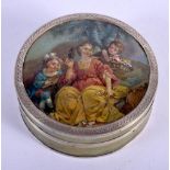 A GEORGE III PAINTED AND LACQUERED SNUFF BOX AND COVER. 67 grams. 8 cm diameter.